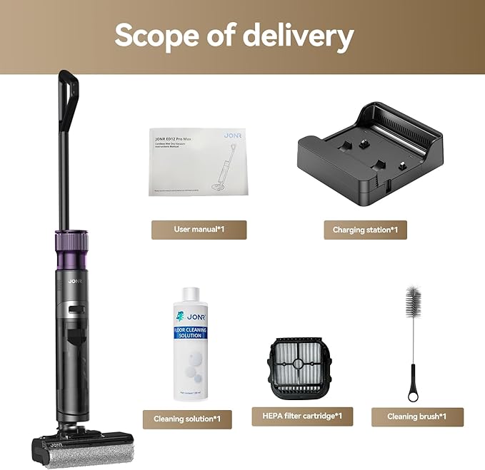 JONR ED12 Pro Max Wet Dry Vacuum Cleaner Cordless, 180°Lay-Flat Smart Vacuum Mop, 167°F Flashdry Self-Cleaning, Dual-Sided Edge, Zero-Tangle for Pet Hair, Lightweight Floor Cleaner for Hard Floor