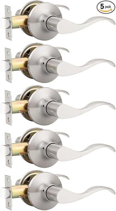Mengico 5 Pack Satin Nickel Modern Interior Passage Door Knobs, Keyless Door Handle for Hallway & Closet, Wave Style Non-Locking Door Lever Reversible for Left & Right Handed