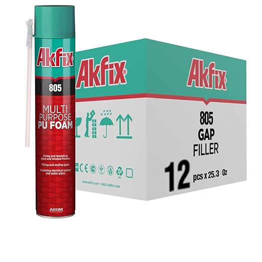 Akfix 805 Gap Filler Expanding Foam Sealant (12x25.3 Oz)- Gaps and Cracks Spray Insulation Can, Polyurethane Expanding Waterproof Sealant with Straw, for Window and Door | 25.3 Oz. 12 Pack