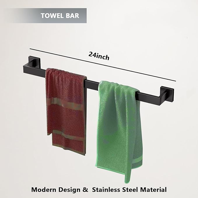 5-PCS 23.6inch Bathroom Hardware Set,Include 23.6" Towel Holder, Hand Towel Ring,Toilet Paper Holder,2pcs Robe Hook-Matte Black