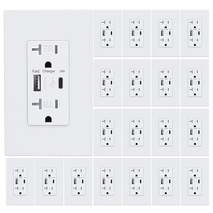 USB Wall Outlet, Charger Outlets Receptacles with 4.2A USB C Ports, 20 Amp Duplex Tamper Resistant Receptacle Plug with Electrical Outlet, Wall Plate Included, ETL Listed,White, 20 Pack