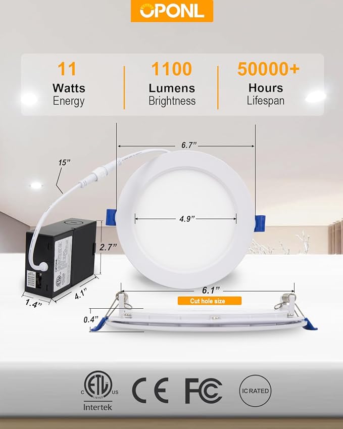 12 Pack 6 Inch LED Recessed Lighting with Junction Box, 5CCT Ultra-Thin Recessed Light, 1100LM High Brightness, Dimmable Canless Wafer Ceiling Light, 11W, FCC&ETL