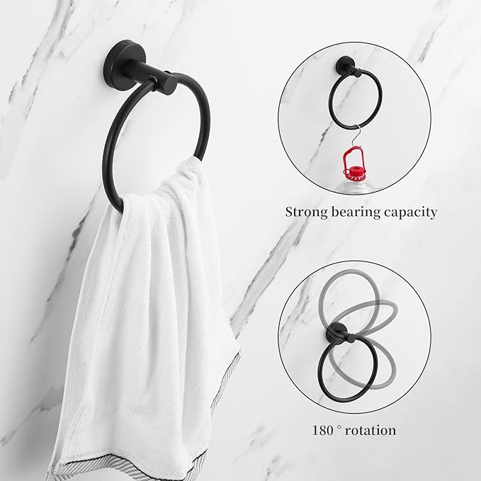 Towel Bar Set Mattel Black, Bathroom Accessories Set 5pcs Including 16'' Tower Bar, Towel Ring and 2 PCS Towel Hooks