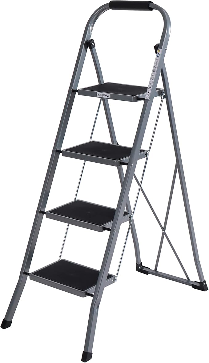 4-Step Ladders Folding Step Stool with Anti Slip Pedal and Handgrip Portable Sturdy Ladder for Home & Office 330 Lbs Silver Grey