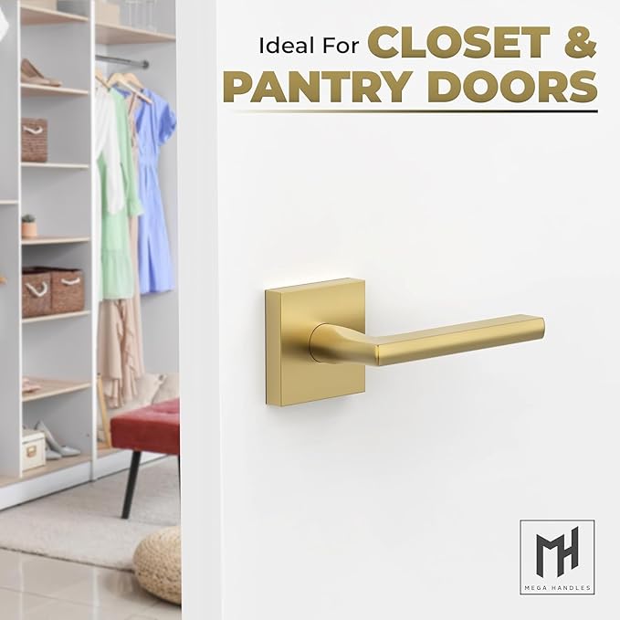 Mega Handles Prime Dummy Door Handles - 4 Pack Heavy Duty Gold Door Handle, Non-Turning Door Handle for Hallway, Closet & French Doors, Single Side, Fits All Standard Doors - Satin Brass