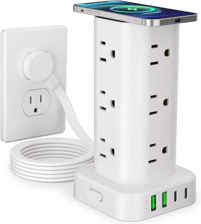 Power Strip Tower with Wireless Charger, Flat Plug Surge Protector Tower with 6FT Extension Cord, 12 AC Multiple Outlets, 4 USB (2 USB C),15W Wireless Charging Power Tower for Home Office Dorm, White