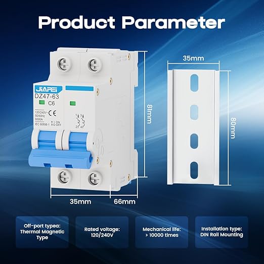 AC Miniature Circuit Breaker, 120V/240V 2 Pole 6 Amp DIN Rail Mount Circuit Breaker, MCB C6 Solar AC Disconnect Switch,Thermal Magnetic Trip