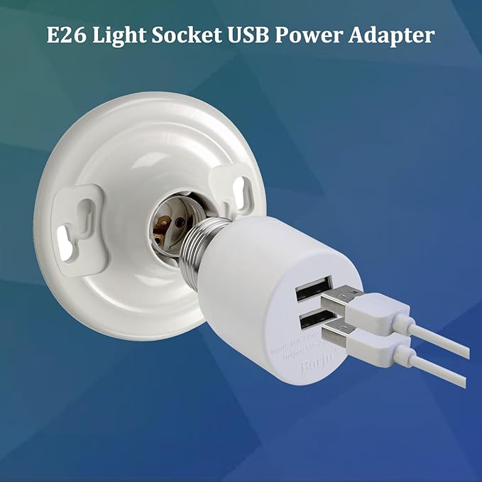 Borju Light Socket USB Adapter for Decorative Lights,Lighting,Security Camera,Mini Fan. Output DC 5V/2.4A Total,Dual Port