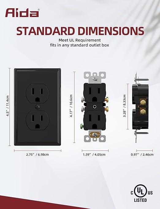 AIDA Outlet Duplex Receptacle with Wall Plate, Electrical Outlet Electrical Wall Outlet, 15 Amp Outlet 125V, Self-Grounding, 2-Pole, 3-Wire, 5-15R, UL Listed, 20 Pack, Black, Tamper Resistant