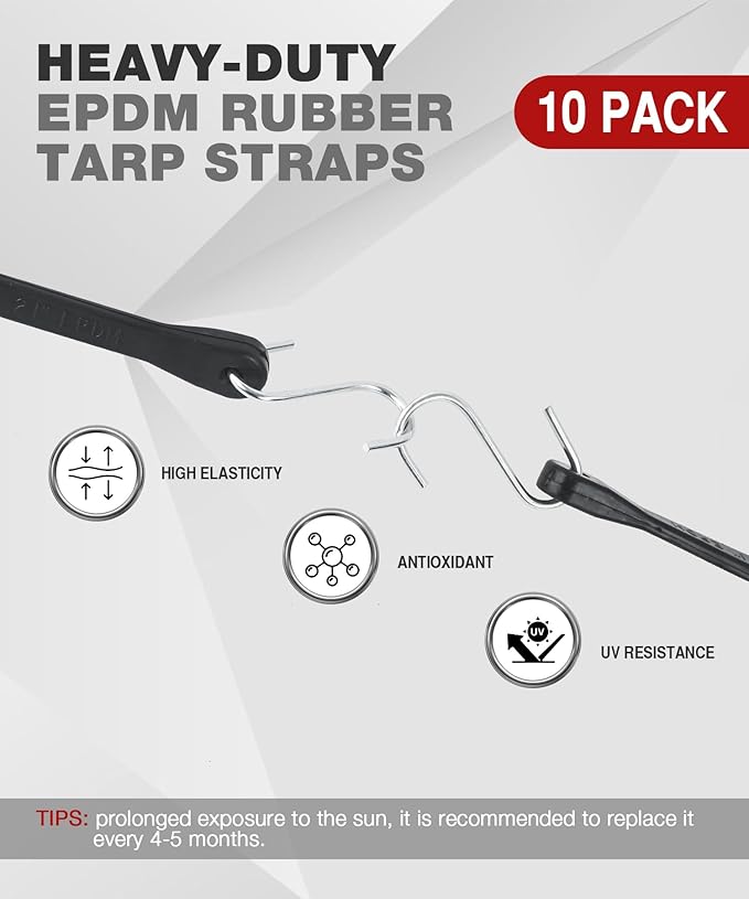 Bungee Cords Heavy Duty Outdoor 21", 10 Pack Rubber Bungee Straps with Metal S Hooks, EPDM Tarp Straps for Cargo, Canopy, All-Weather Use, 180 lbs Load