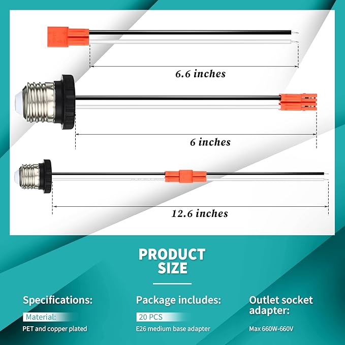 Zhengmy 100 Pcs E26 Socket Adapter, Medium Base Male Screw in Light Socket Pigtail for LED Recessed Lights