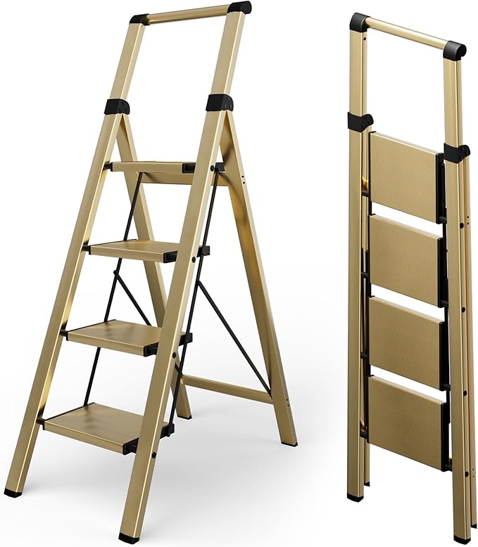 Taranta 4 Step Ladder, Portable Folding Ladder with Wide Pedal, Lightweight Aluminum Step Stool with Convenient Handgrip, 330 lbs Capacity Stepladder for Home, Office - Gold