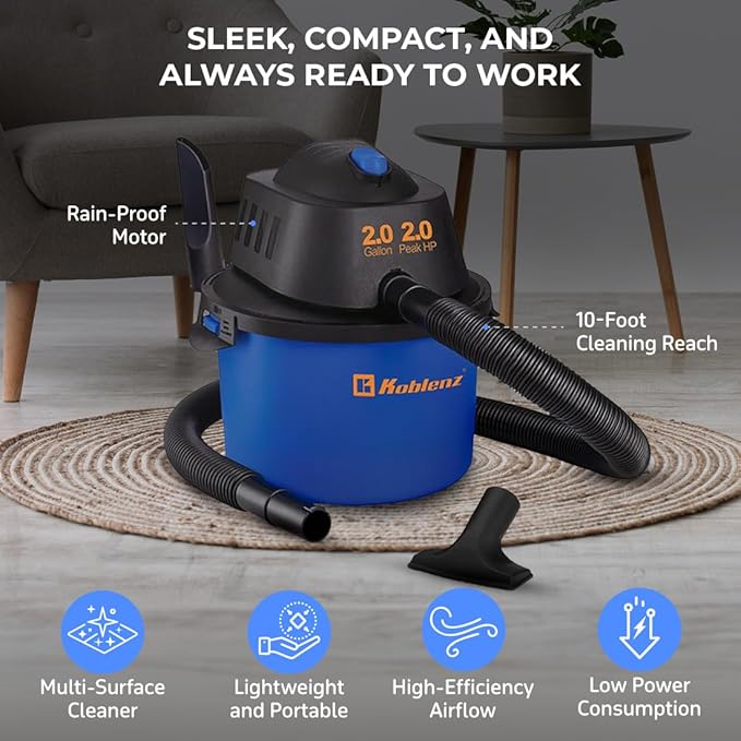 Koblenz WD-2L Portable Wet Dry Vacuum, 2-Gallon 2 PHP Suction Plus Blower Vacuum Cleaner for Liquids, Dust, Pet Hairs, 10' Reach, Ideal for Home, Car, Garage, Shop, Accessories Included, Blue/Black