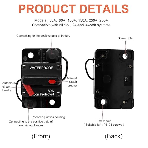 Erayco 80 Amp Circuit Breaker with Manual Reset for Car Marine Trolling Motors Boat ATV Manual Power Protect for Audio System Fuse, 12V-48VDC, Waterproof (80A)
