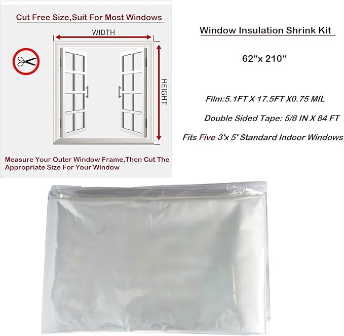 Indoor Window Insulation Kit, Clear Window Film for Heat and Cold (5 Windows (62x210 in))