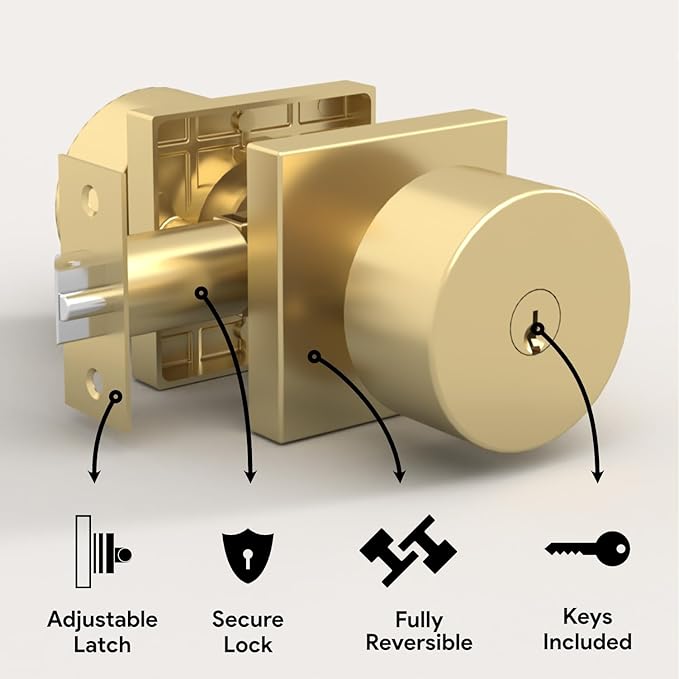 Mega Handles SUANA Entrance Door Knob for Entrance, Bedroom and Bathroom, Reversible Heavy Duty Design Door Knobs, Fits All Standard Door Sizes, Screws Included - Satin Brass (1 Pack)