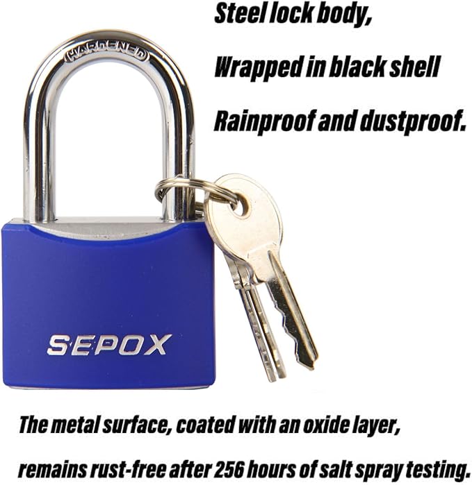SEPOX® 3 Pcs 2" Large Padlock All-Weather Outdoor Pad Locks Keyed Alike, Long Shackle, Solid Steel Lock, Heavy-Duty with Blue Cover, for Gate Fence Cabinet Toolbox School Gym Locker, 3pcs Same Key