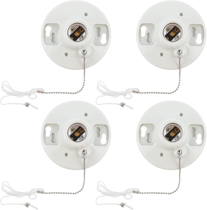 2 Pcs Porcelain Light Socket with Pull Chain White Bulb E27/E26 Socket Porcelain Outlet Box Mount Ceiling Light Fixture for Indoor Garage Closet Lighting
