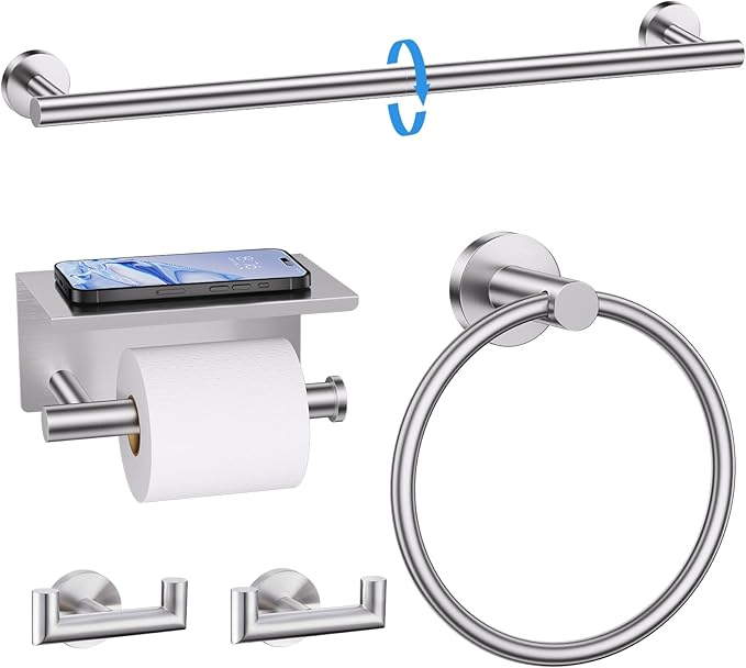 TNOMS Brushed Nickel 5 Pieces Towel Bar Set Bathroom Hardware Set Upgraded Toilet Paper Holder with Shelf,Towel Holder Set for Bathroom Stainless Steel Wall Mounted 23.6 Inch