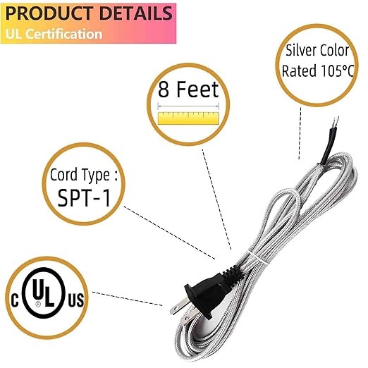 8 Feet Rayon Cloth Covered Replacement Lamp Cord with End Plug for Antique Lamp Repair DIY Project, SPT-1 Electric Wire,18 AWG, Stripped Ends,2 Pack,Silver Color