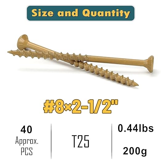 WELLOCKS Deck Screws, Wood Screws, Tan, Superior Rust Resistant, Epoxy Coated, Above 1000 Hour Salt Spray Coating T25 Torx Star Bit Included for Outdoor Wood Fence (Trial Size 0.44LBS, #8×2-1/2")