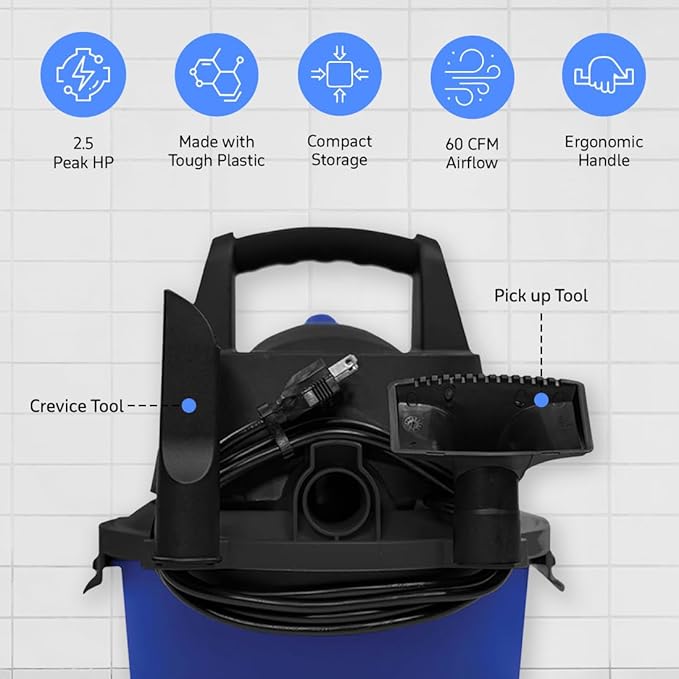 Koblenz WD-2.5L Portable Wet Dry Vacuum, 2.5-Gallon 2.5 PHP Suction Plus Blower Vacuum Cleaner for Liquids, Dust, Pet Hairs, 10’ Reach, For Car Cleaning, Wall-Mount Support, Parts Included, Blue/Black