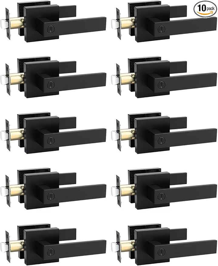 10 Pack Square Privacy Door Levers Locksets in Matte Black Finish, Bed/Bath Door Levers Keyless Interior Handles,Reversible for Left Right Handed Doors