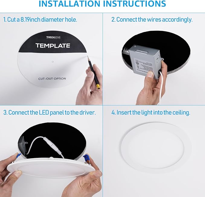 TORCHSTAR 8 Inch Ultra-Thin LED Recessed Ceiling Light with Junction Box, 3000K Warm White, 18W High Brightness Dimmable Slim Canless Wafer Downlight, ETL & ES, Pack of 6
