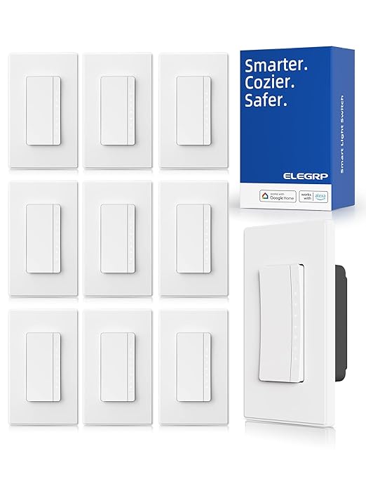 ELEGRP Single Pole Smart Dimmer Light Switch DPR10, 2.4GHz Wi-Fi Dimmer Switch Compatible with Alexa and Google Assistant, Needs Neutral Wire, No Hub Required, UL and FCC Listed, White, 10 Pack