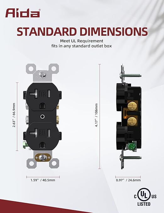AIDA 20 Amps Outlets Duplex Electrical Receptacle Outlets,Tamper Resistant,Heavy-Duty Receptacle Wall Outlet,Residential,TR,3-Wire, Self-Grounding Clip, NEMA 5-20R,UL Listed (10 Pack, Black
