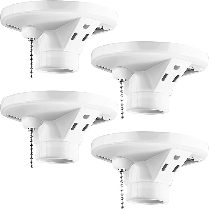 6 Pack Porcelain Light Socket with Outlet and Pull Chain Light Fixture, Bulb Socket with Grounded Outlet, E27/e26 Base, Porcelain Box Mount for Indoor Garage Closet Lighting