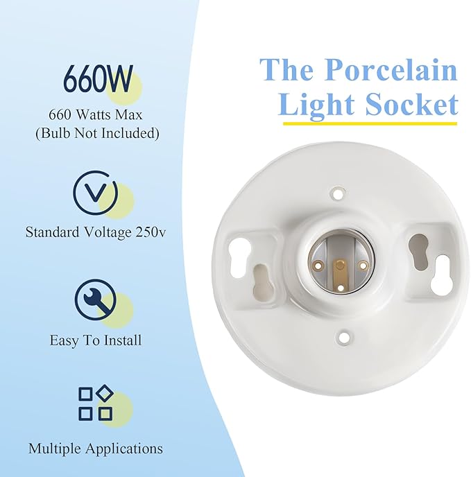 4 Pcs Medium Base E26 Lamp Holder Ceiling Light Sockets White Bulb Socket Incandescent Fluorescent CFL Lamp Holder 660w 250v (Porcelain)