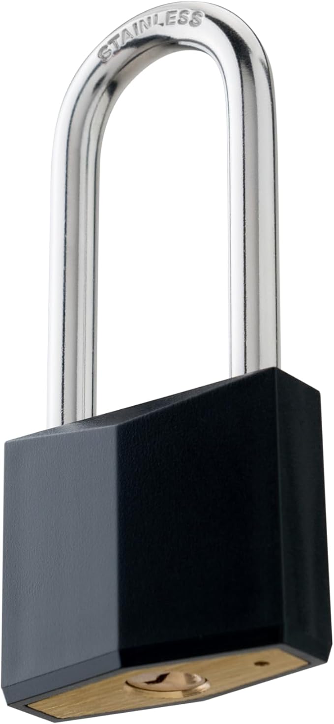 2-Pack Keyed Alike Locks, Black Covered Brass Keyed Padlock with Stainless Steel Long Shackle, 1-9/16 Inch Lock Body, Rustproof Locks for Gate Fence Hasp Cabinet Toolbox Gym or School Locker