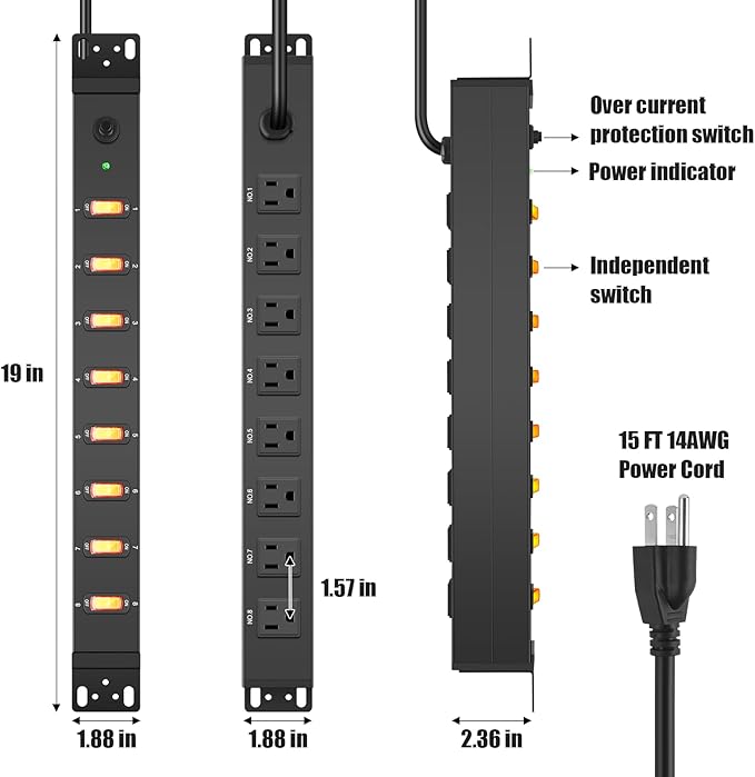 HHSOET 1U Rack Mount Surge Protection, 8 Outlet PDU Power Strip, Metal Mountable Outlet Strip with Switch, 15ft Power Cord.