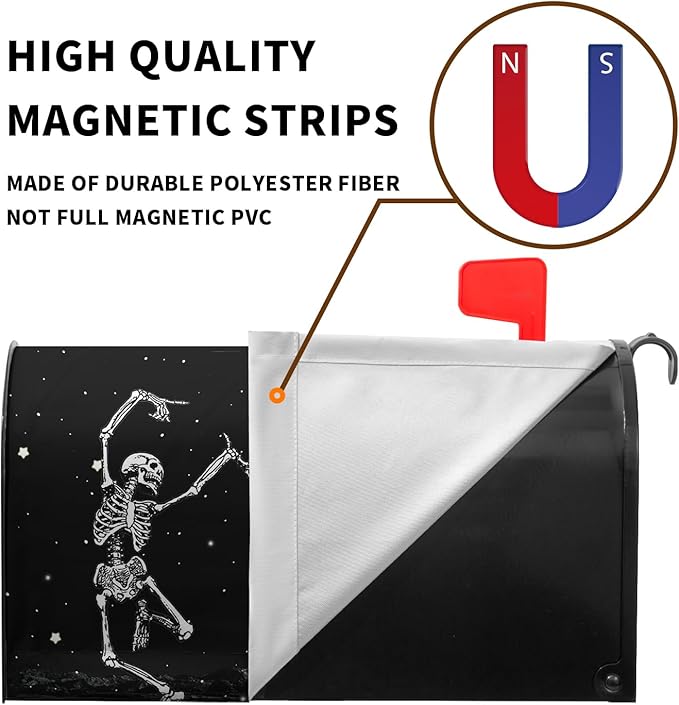 Halloween Skull Mailbox Cover Oversized Dancing Human Skeleton Mailbox Covers Magnetic Large Size 25.5x21 Inch Moon Black Post Letter Box Wraps for Garden Outdoor Decorations