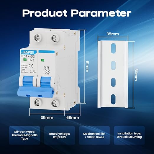 AC Miniature Circuit Breaker, 120V/240V 2 Pole 25 Amp DIN Rail Mount Circuit Breaker, MCB C25 Solar AC Disconnect Switch,Thermal Magnetic Trip