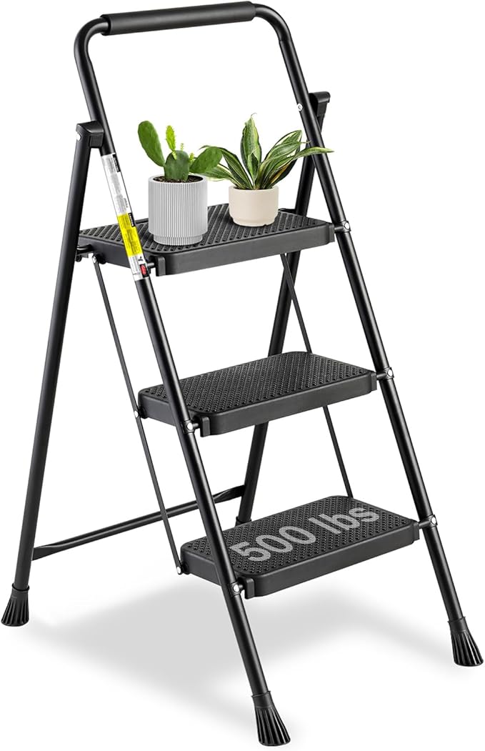 3 Step Ladder, Folding Step Stool 500 Lbs Capacity for Adults & Kids, Heavy Duty Steel Sturdy Step Ladder with Non Slip Wide Pedals, Space Saving Step Stool for Home Kitchen Office Library, Black
