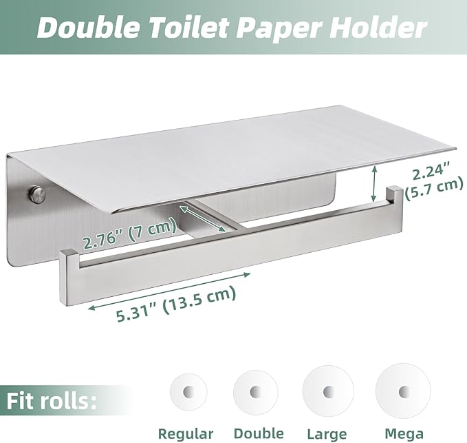 APLusee Double Toilet Paper Holder with Shelf, 304 Stainless Steel Brushed Nickel Bathroom Tissue Holder, Commercial Paper Roll Dispenser Wall Mounted