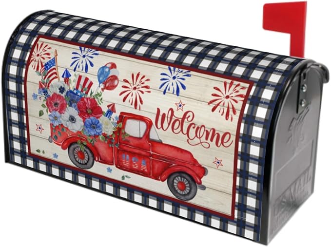 Buffalo Plaid Patriotic Mailbox Covers - American Flag Red Blue Floral Truck Magnetic Standard Size 21x18 In Waterproof Post Box Wraps Garden Yard Home Decor for Outdoor