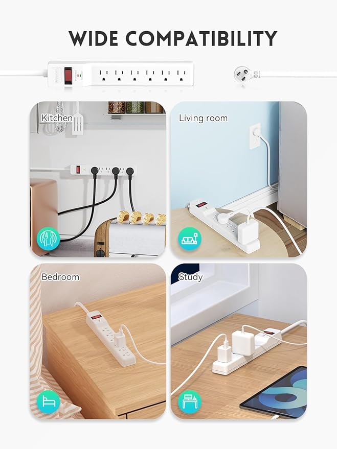 PLUGTUL 2 Pack Surge Protector (980 Joules), Flat Plug Power Strip, 4FT Extension Cord with Multiple Outlets, 6 Outlets, ETL Listed, 14 Gauge, Wall Mountable for Home Office Garage, White
