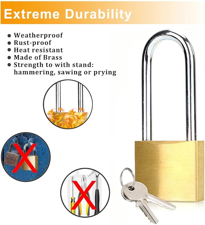 ABRAFOX Lock Solid Brass Keyed Different Long Shackle Padlock -(1-9/16 inch 40mm 2pack