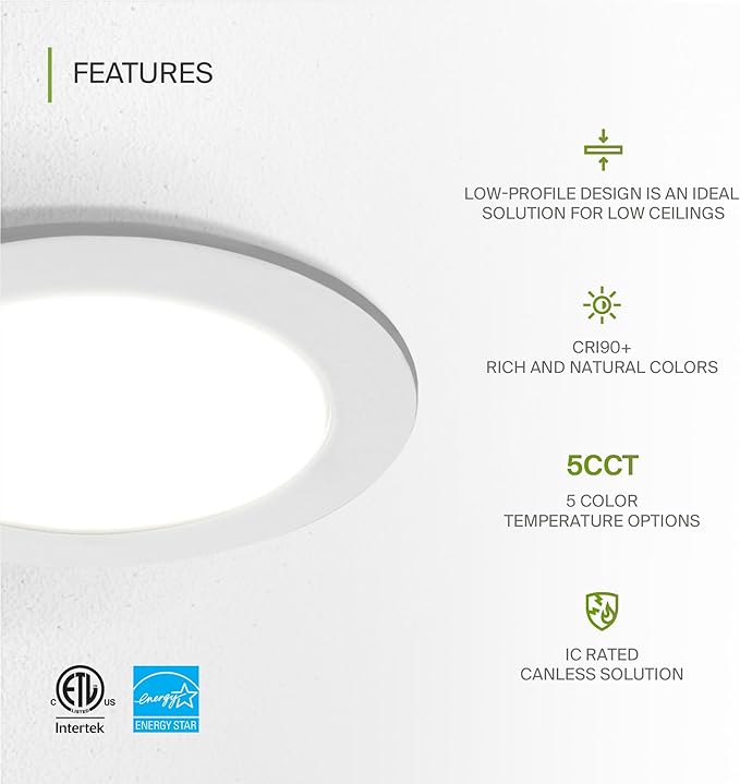 ASD 6 Pack LED Recessed Lighting 4 Inch 12W, 5 CCT 2700K-5000K CRI90+, IC Rated Ultra Thin Dimmable Ceiling Lights with J Box, Canless Wafer Downlight, Round Slim Panel Light, Energy Star ETL, White