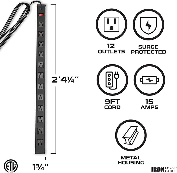 Iron Forge Cable 12 Outlet Heavy Duty Surge Protector Power Strip with Built-in Circuit Breaker, 14/3 SJT Black & Yellow with 9 ft Extension Cord