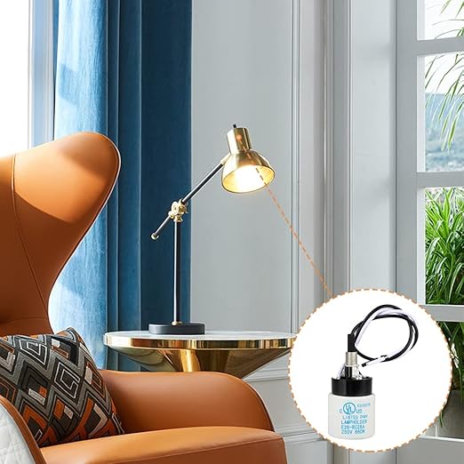 Helunsi E26 E27 Ceramic Lamp Socket with Rotary Knob Switch, Universal Replacement Porcelain ON OFF Turn Switch Light Bulb Socket, E26 Medium Base Lamp Holder with Threaded Nuts and Wire Lead - 1 Pack