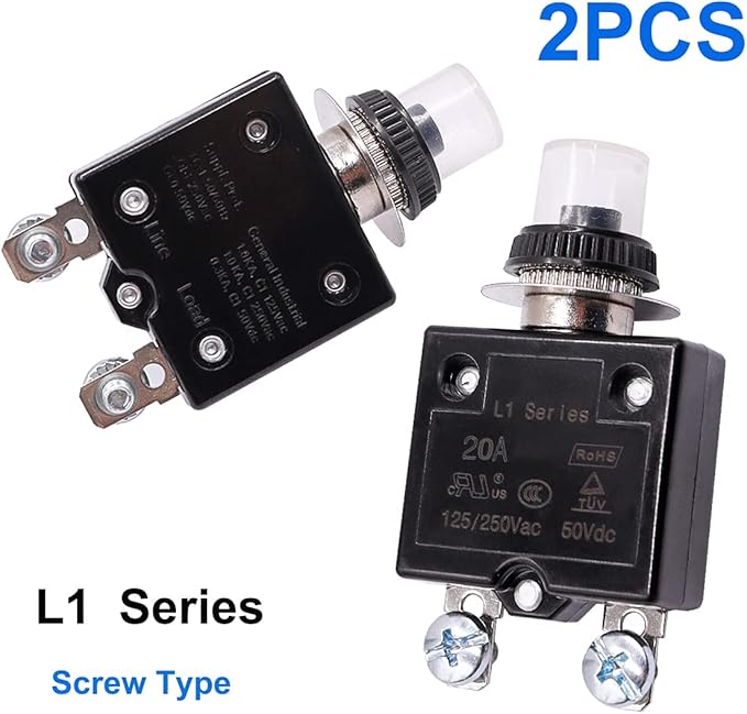 mxuteuk 2Pcs 20Amp Circuit Breakers Push Button Manual Reset 125/250V AC 50V DC, L1 Series Overload Protector Switch Thermal Circuit Breakers with Waterproof Button Caps L1-ls-20A