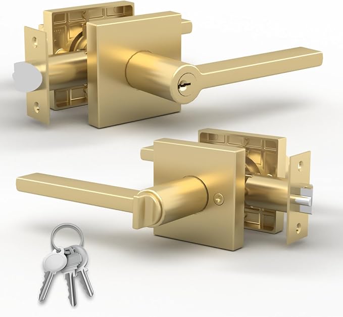 Mega Handles - Prime Entrance Handle, Entry Lever Door Handle, Heavy Duty Square Locking Lever Set for Left or Right-Handed Doors, Interior/Exterior Door Levers - Satin Brass
