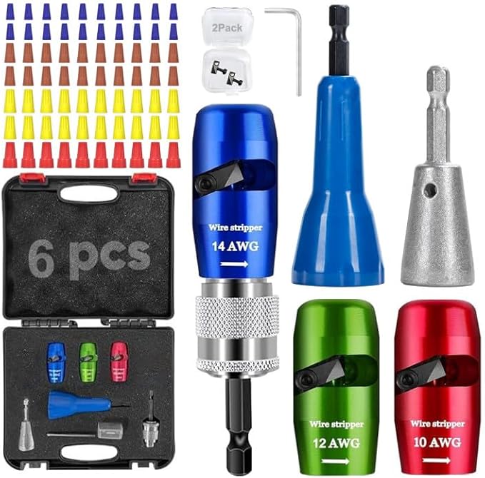 Wire Stripper for Drill - 2025 Upgraded Electric Wire Stripping and Twisting Tool for AWG 14-12-10, Wire Stripper Tool for Power Drill, Nut Twister Stripping and Connector Kit (6PCS)