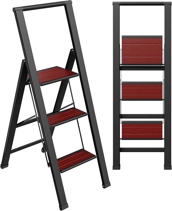 Step Ladder 3 Step Folding, Decorative - Beautiful Mahogany & Black Aluminum, Ultra Slim Profile, Anti Slip Steps, Sturdy-Portable for Home, Office, Kitchen, Photography Use,by SORFEY