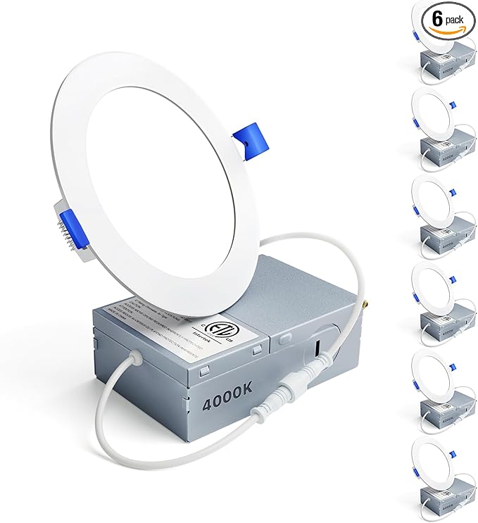 Ensenior 6 Pack 4 Inch LED Recessed Light, Dimmable, 4000K Cool White, 750LM High Brightness, 9W 120V, Damp Rated, Ultra-Thin Canless Wafer Ceiling Light - ETL & FCC & IC