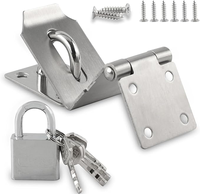 HOWDIA 4 Inch Door Lock Latch Padlock Hasp Set, 90 Degree Latch Lock with Screws and Padlock Stainless Steel Safety Right Angle Padlock Hasp Latch Security Door Clasp Hasp for Shed/Gate/Storage Lock